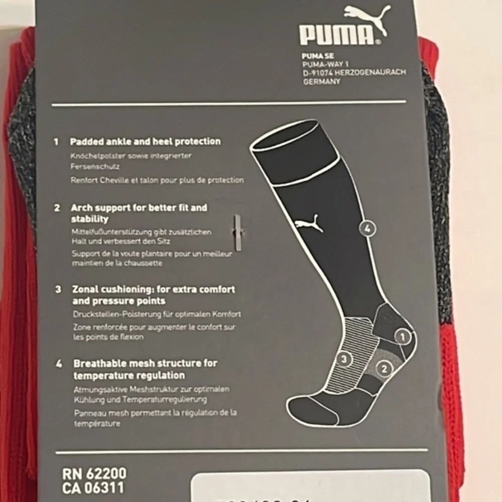 Puma Football Socks Red White Kneehigh Team Liga padded ankle Socks Sz 3 (5-6)